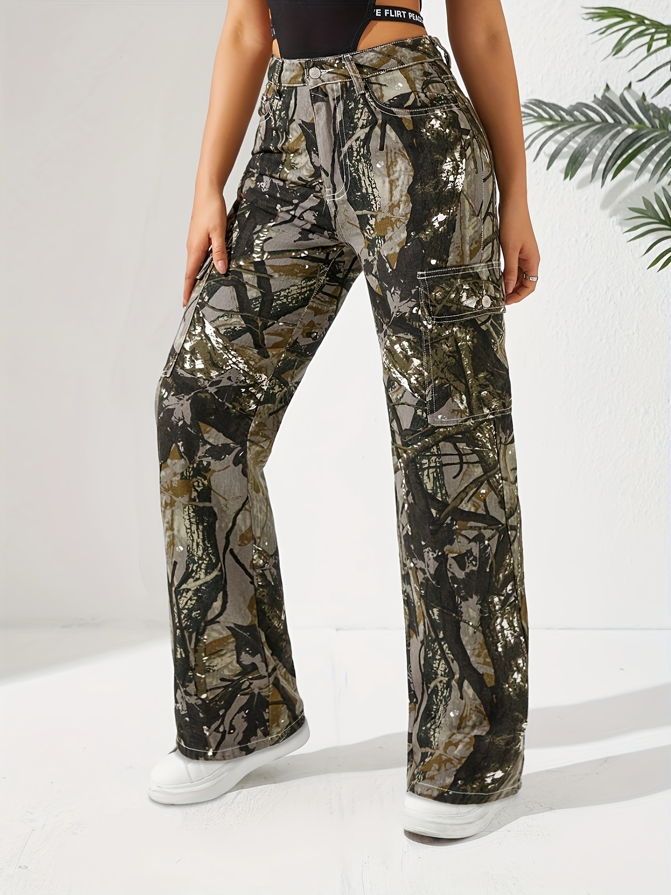 Camo Print Women Army Pants With Side Pocket And Zipper Closure