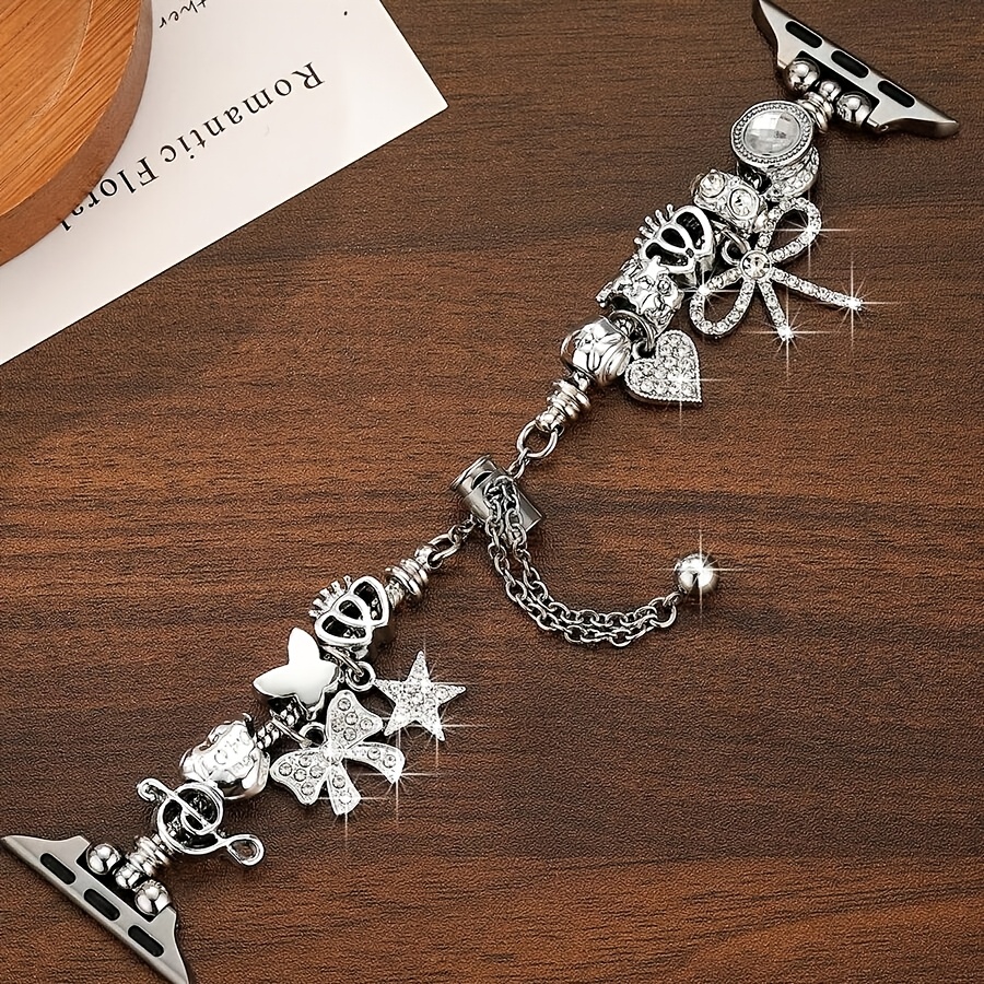 TEMU 1pc Silvery Crystal Bowknot Heart Pendant Beaded Strap, Suitable For Watch 38mm 40mm 41mm 42mm 44mm 45mm 46mm 49mm Series