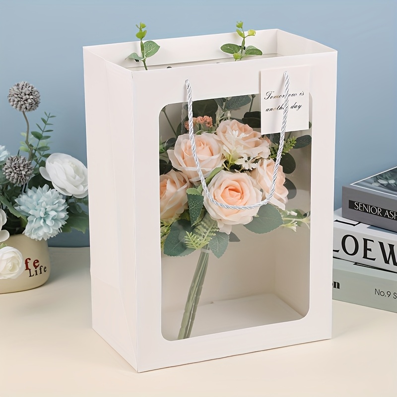 Image of 10pcs Of Thickened Gift Bags In Stock, Transparent Windowed Tote Bags, Valentine's Day Gift Window Paper Bags, Wholesale Bouquet Packaging Bags, Party Gift Bags, Flower Gift Bags