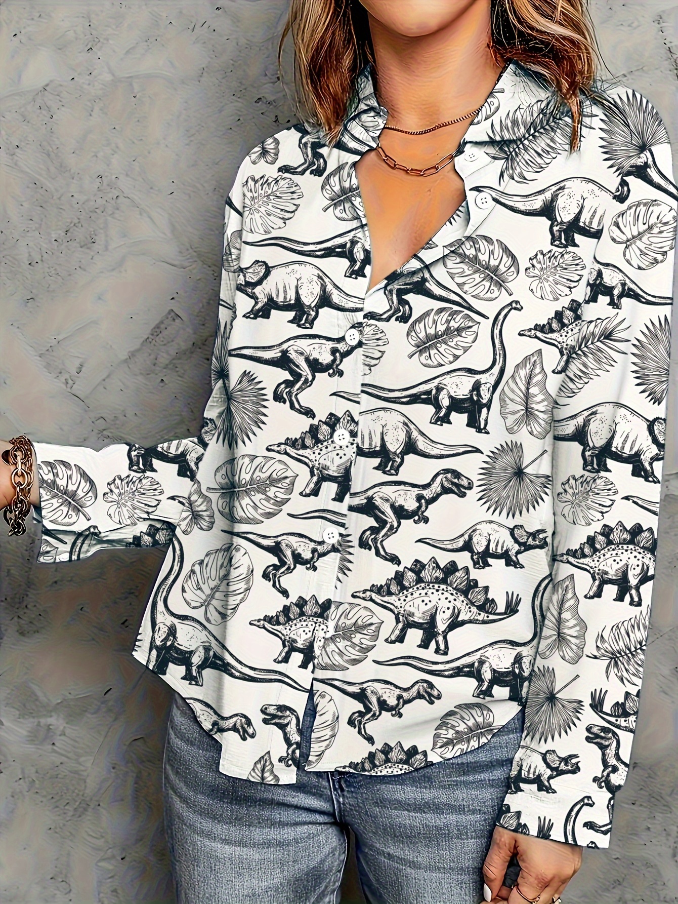 women's casual dinosaur print button shirt long sleeve white - Temu Ireland
