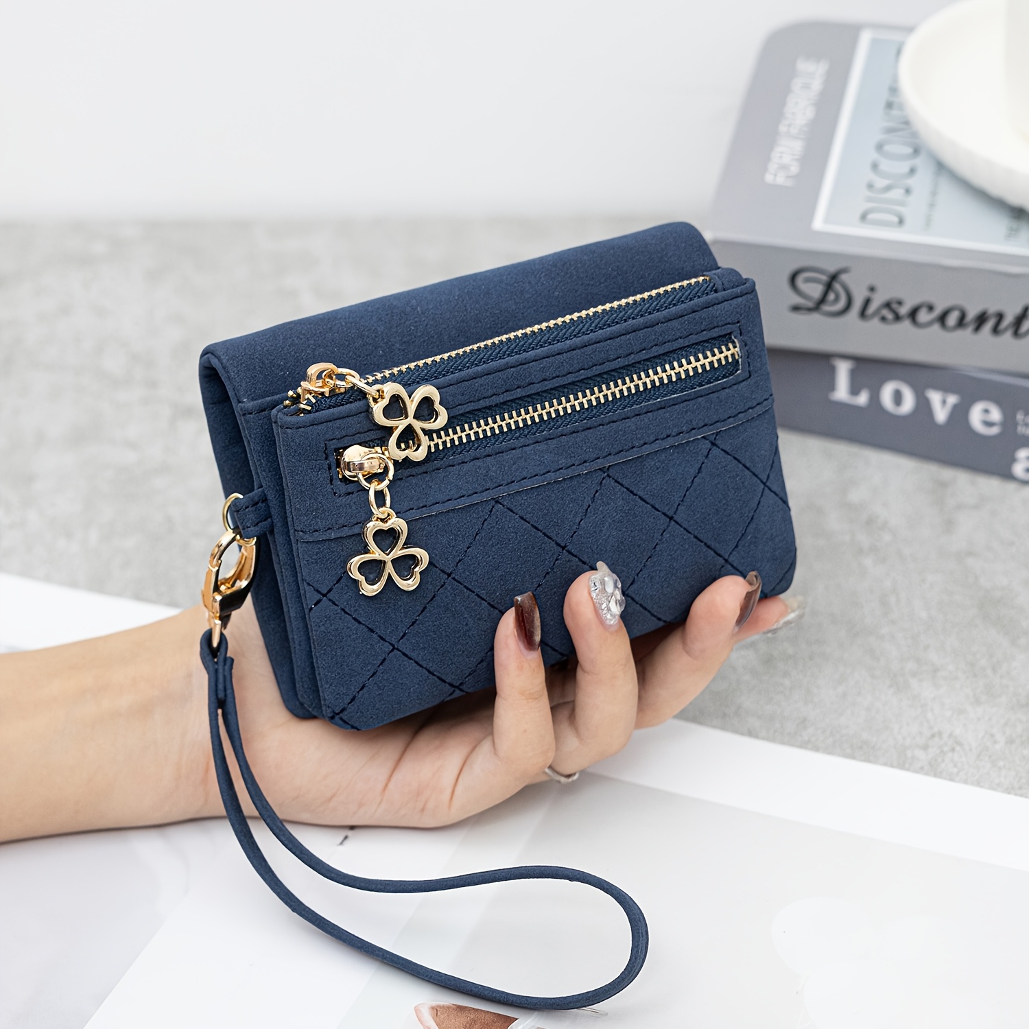 TEMU Minimalist Vintage Rhombus Women's Wallet, Portable Snap Closure Short Wallet With Dual Zipper Coin Pocket, Card Slots, Id Window, And Wrist