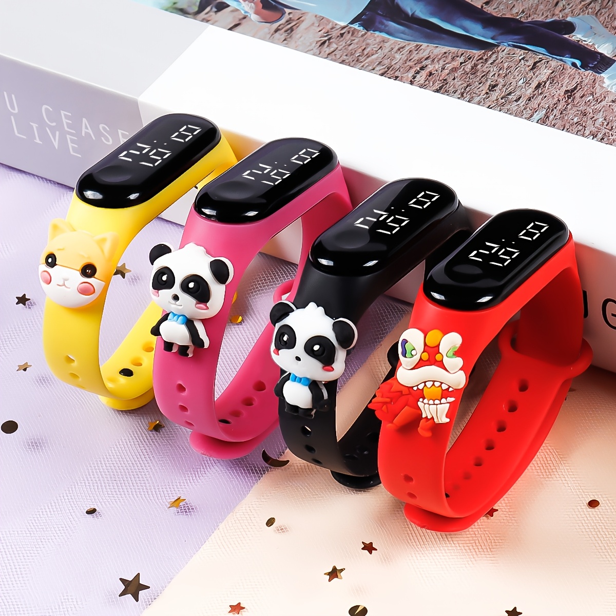 4pcs New Led Big Number Cute Student Sports Electronic Watch Set Gift