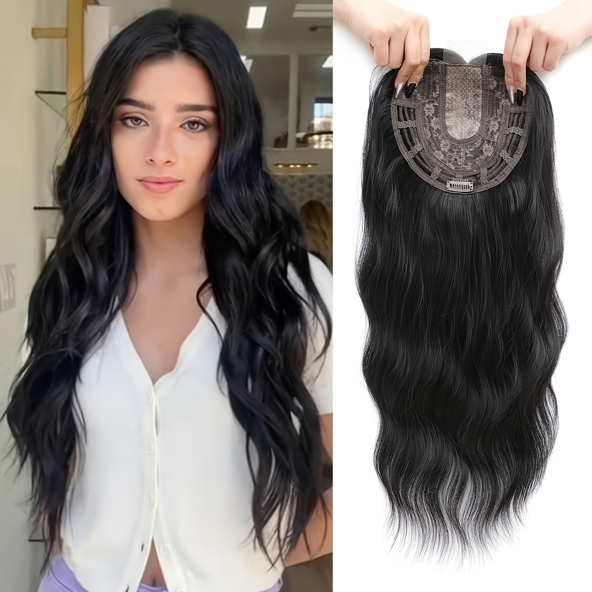 TEMU Lunderen Women' Clip-in Hair Toppers With Fringe Bangs - 22-inch Wavy Ombre Highlight Synthetic Wig Suitable For Thinning Hair, Volume Boosting