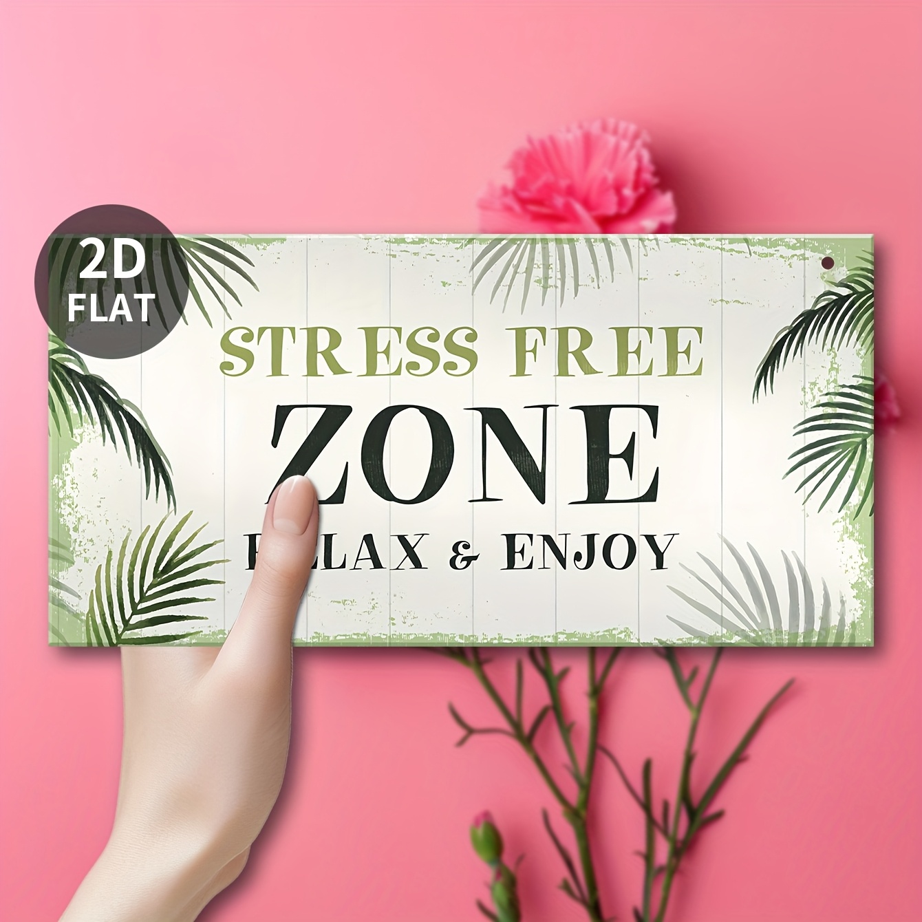 Image of 1pc Zone Wall Decor Plaque - Artificial Wood Leaves & Relaxing Messages Sign For Home Office, Calming Decorative Wall Art, No Batteries Needed, Tropical Home Decor, , Highquality Print