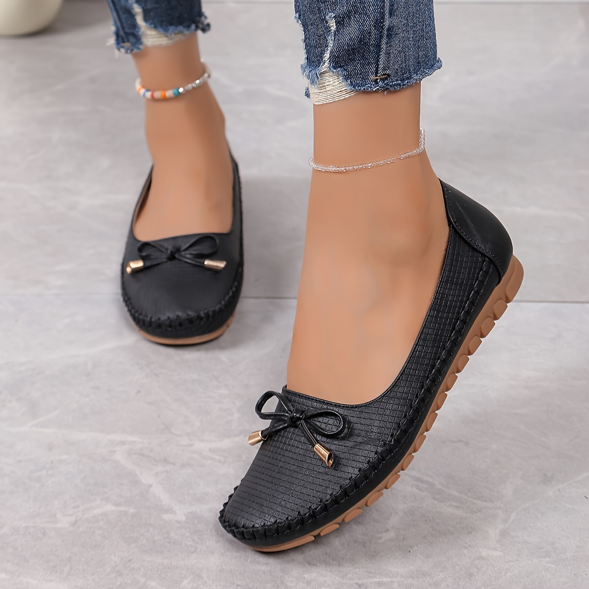 Solid Color Bow Flat Women's Shoes, Comfortable Slip-On Loafers
