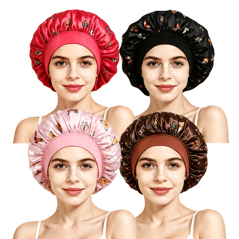 TEMU Lot de 4 bonnets de nuit en satin à larges bords à imprimé papillon, bonnet de douche -frisottis pour soin des cheveux