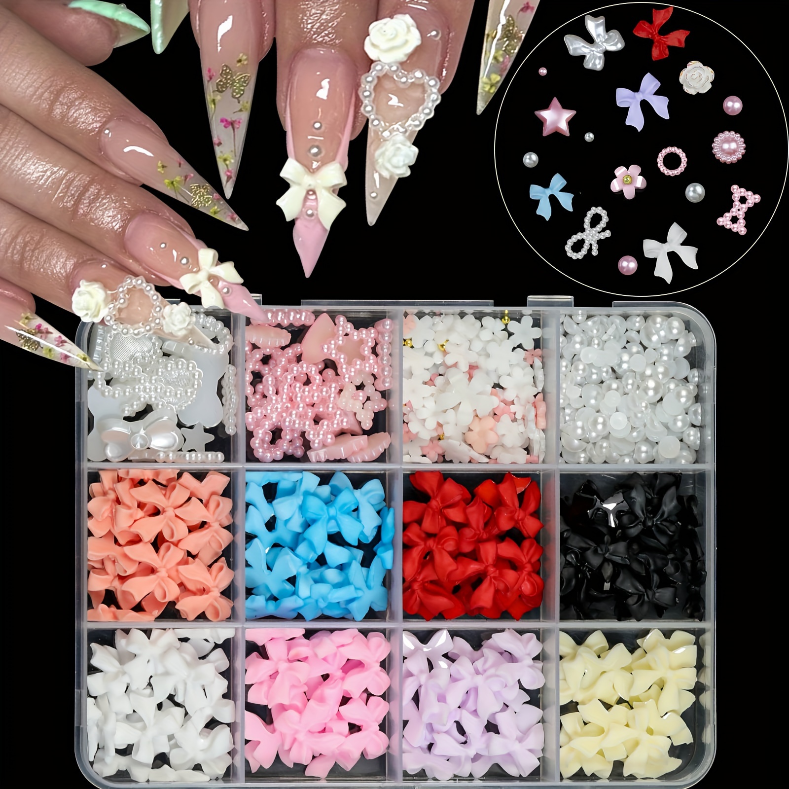 

12-grid Box Of 3d Resin Bowknot Nail Charms, 10mm Colorful Kawaii Rhinestone Decorations For Diy Manicure