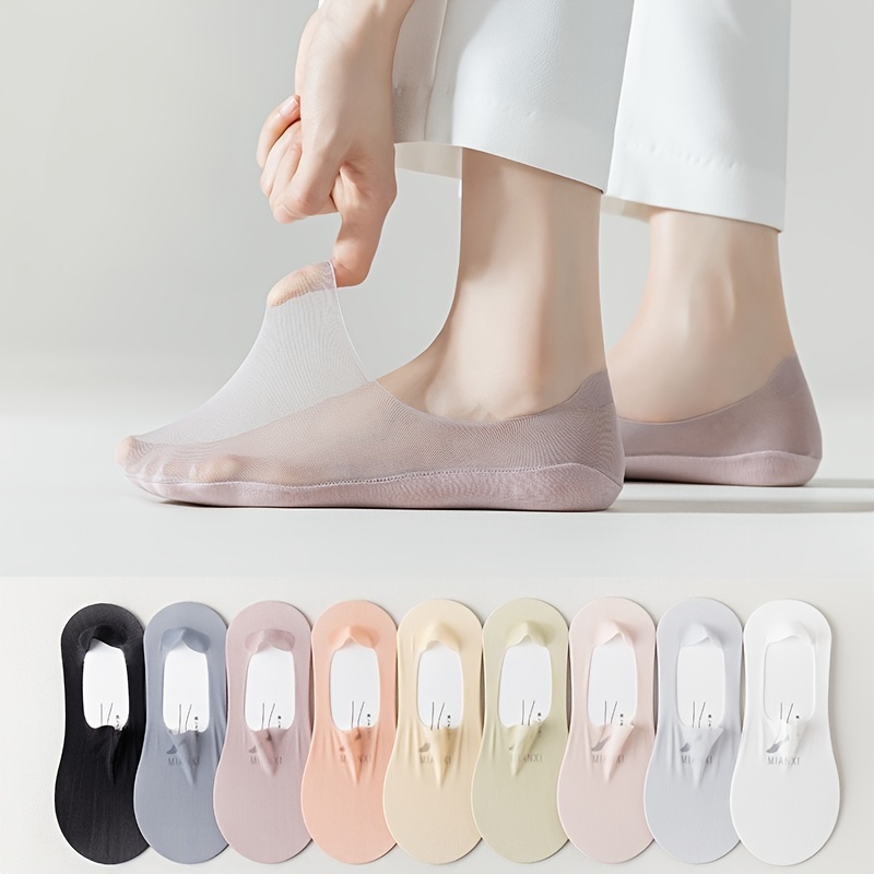 

9 Pairs Women's Summer Ultra-thin Boat Socks, Ice Silk, No-show Invisible With Silicone Non-slip Grip, Assorted Colors
