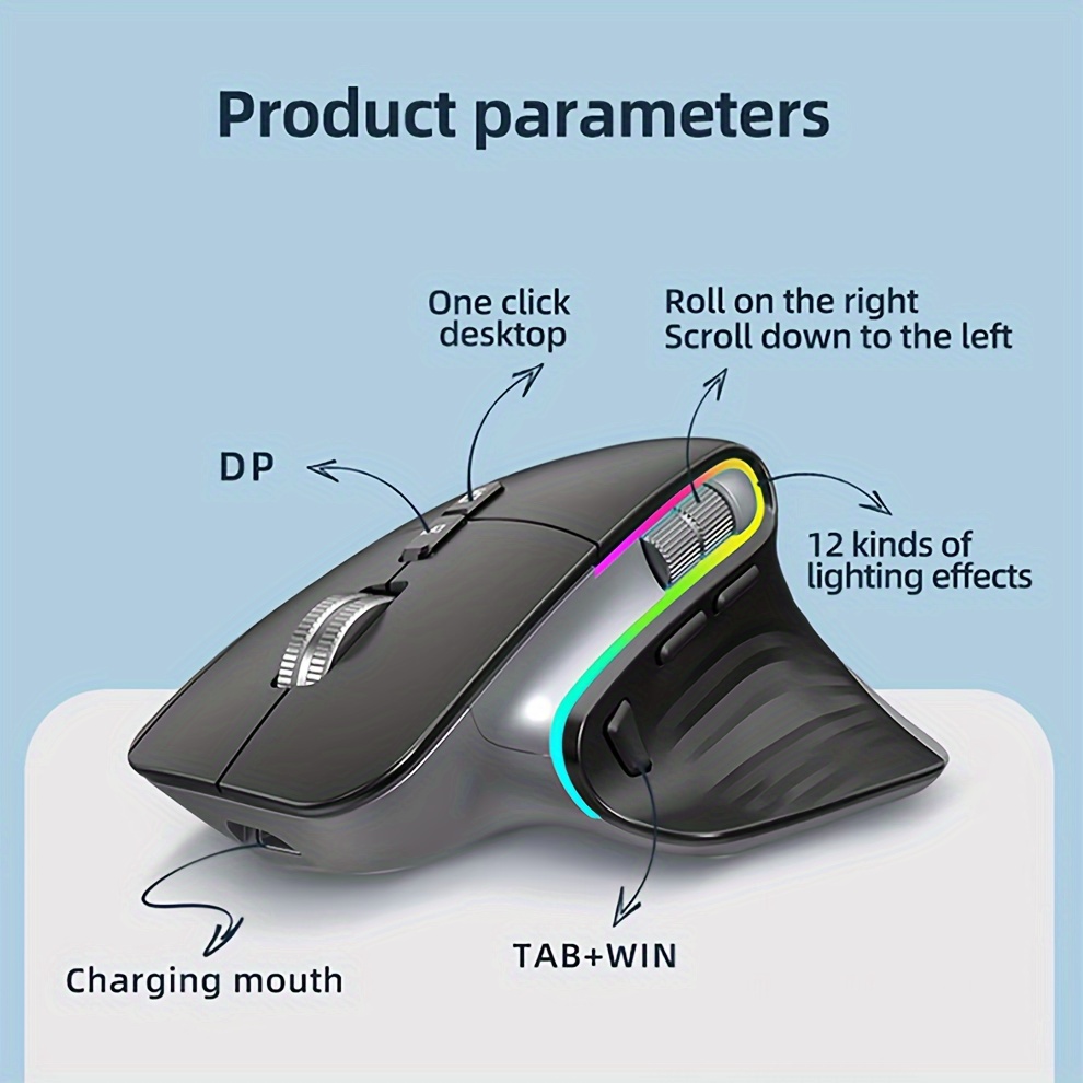 Ergonomic Dual Mode Gaming Mouse RGB 2.4Ghz Wireless Rechargeable Mouse for Multi Device