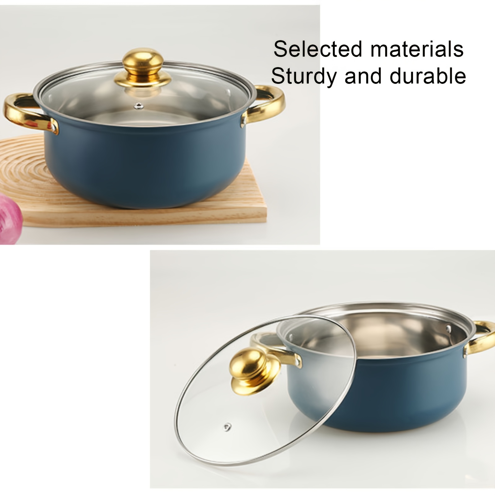 6pcs stainless steel cookware set blue lids   soup pots frying pans milk pots   essentials compatible with   stoves details 2