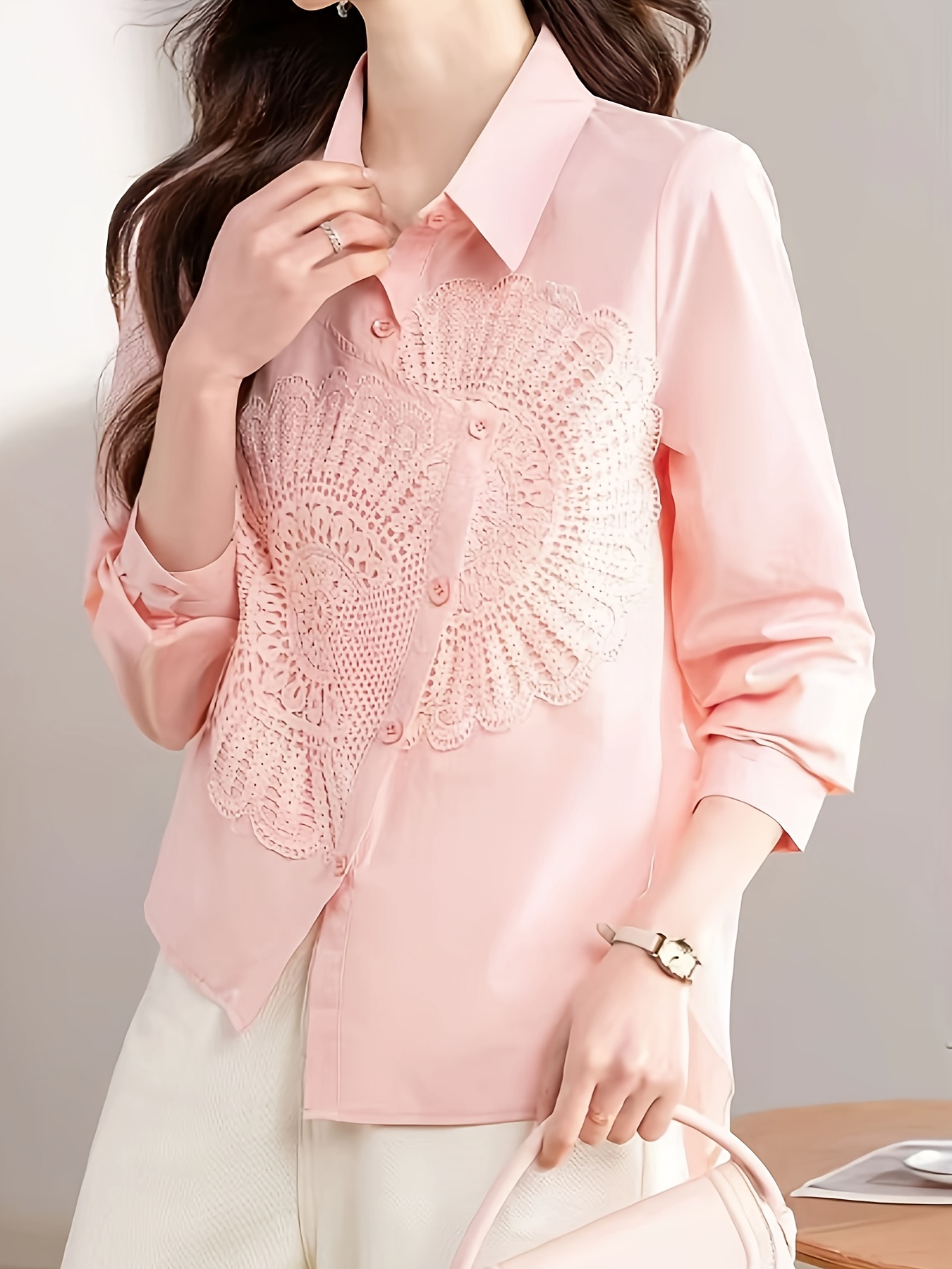 womens light pink blouse stylish spring summer long sleeve Temu