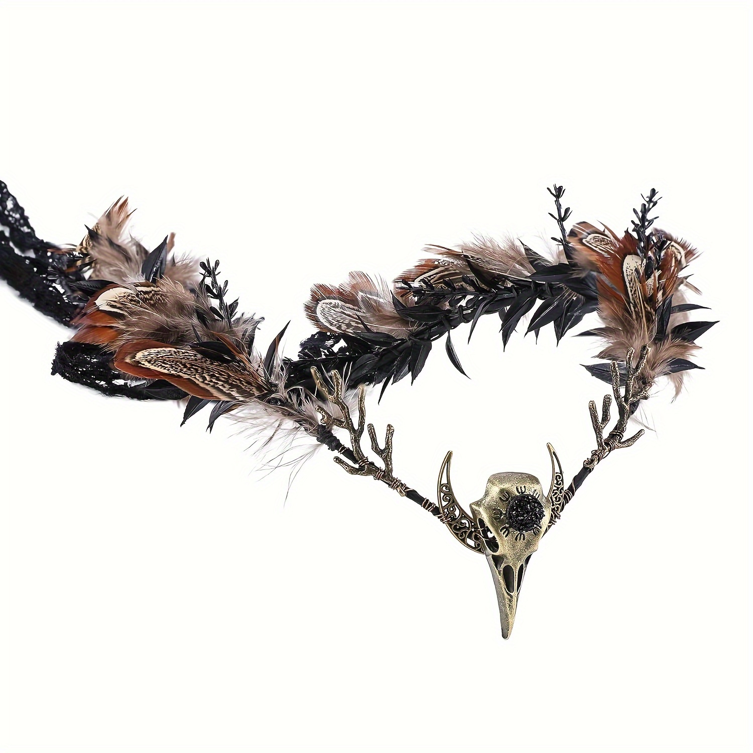 TEMU Mostory Handmade Brown Feather Crown - Gothic Flower Headpiece Elf Moon Cirlet With Crow Skull Dark Woodland Tiara For Women Girls Renaissance Halloween Cosplay Goth Wedding