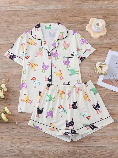 two piece womens elegant polyester pajama set knitted fabric comfortable for short sleeved button top collar and same shorts pocket details and animal full body print suitable for couples adult pajama set
