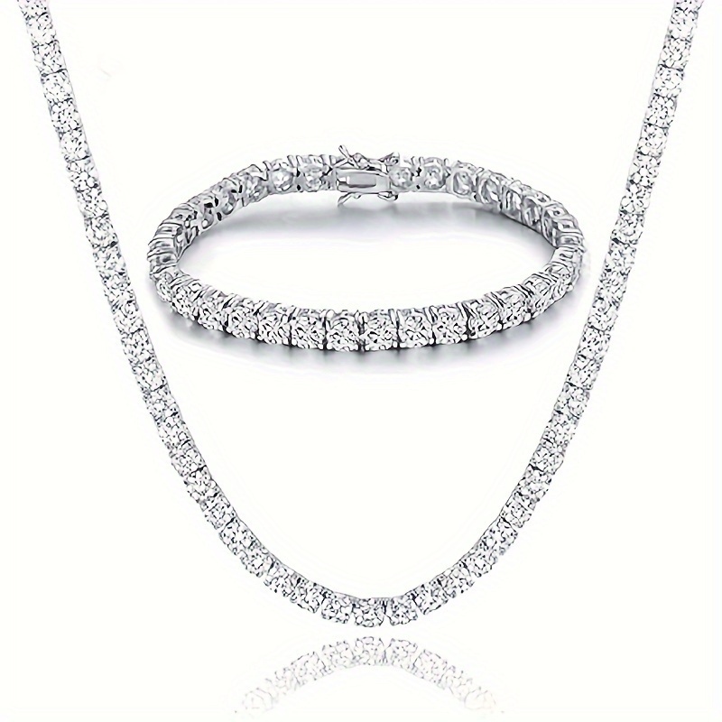 

Tennis Necklace Bracelet Set 18k White Golden Plated 3mm Round Cubic Zirconia Cut Diamond Tennis Chain For Women