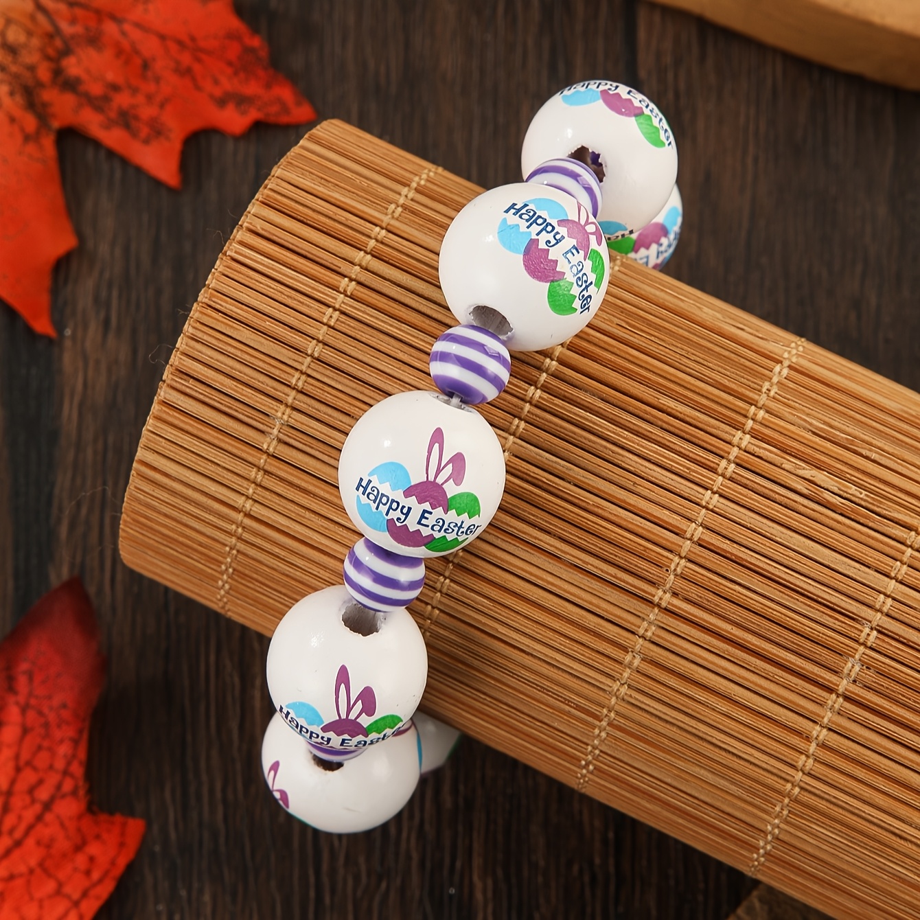 Easter Beaded Stretch Bracelet with Wood Bunny and Egg Charms
