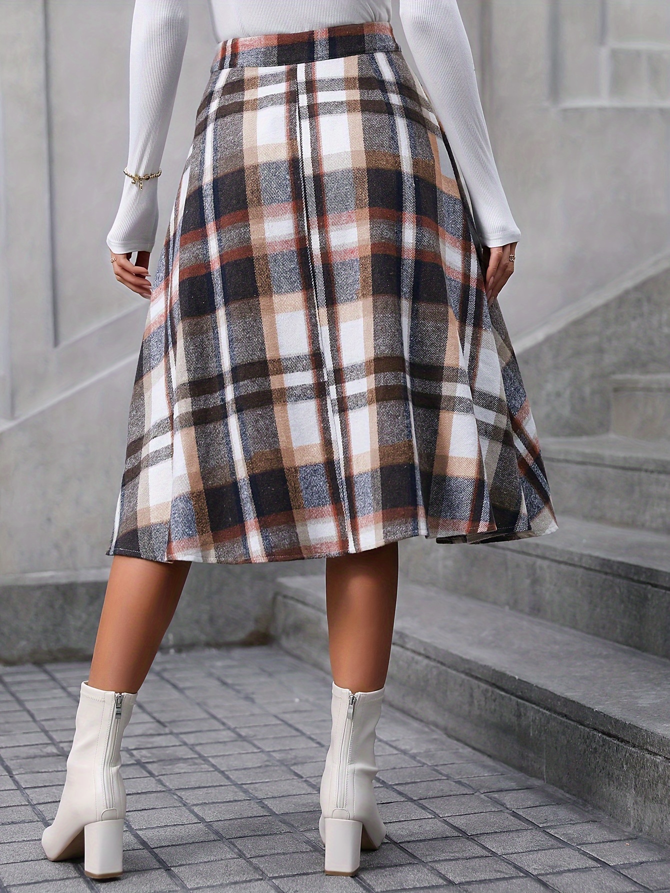 plaid print high waist skirt elegant button detail a line skirt for fall winter womens clothing details 0