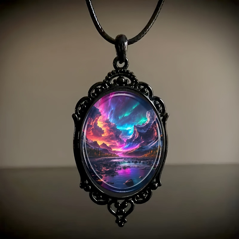 

1 Fashion Elegant Color Aurora Landscape Pattern Black Frame Glass Necklace Romantic Gift Jewelry