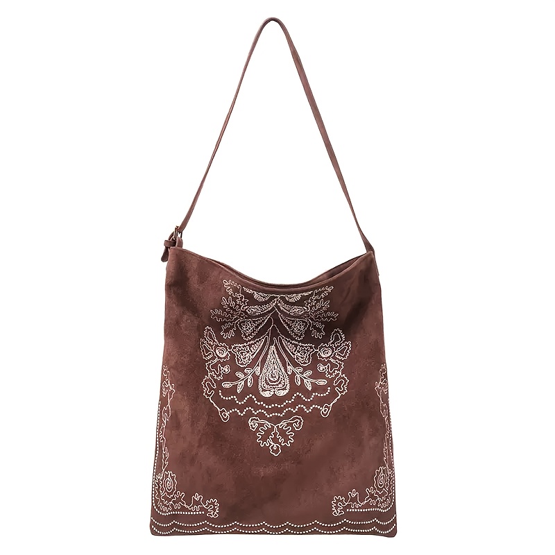TEMU Bolso tote esmerilado bordado estilo bohemio con cuentas, bolso grande retro de gran capacidad para mujer, ideal para usar