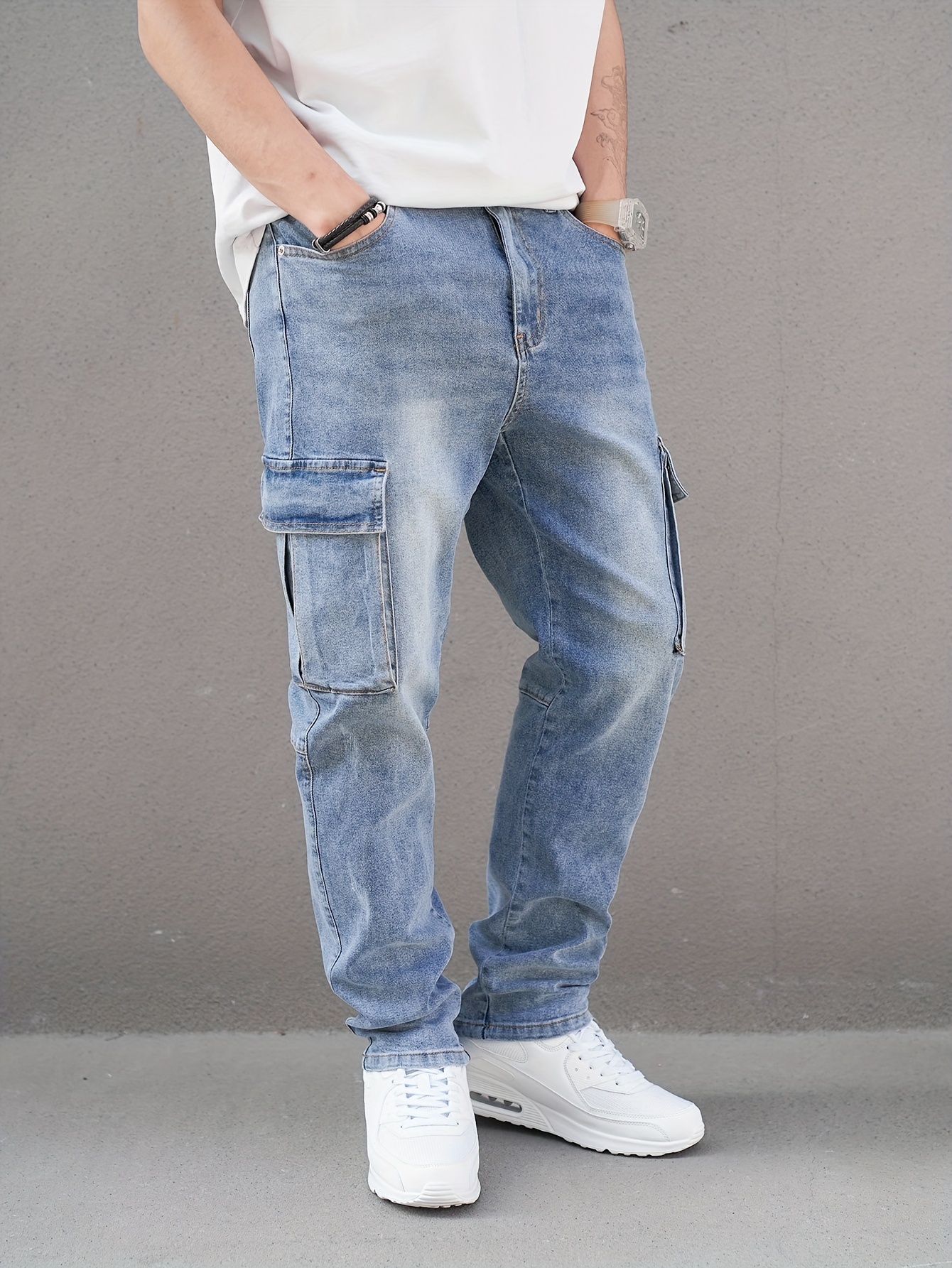 Men'S Plus Size Casual Cargo Jeans - Stretch Denim, Solid Color with Pockets, Slim Fit, Washed Blue Finish for Fall/Winter, Casual Wear Jeans|Slim Fit Jeans|Stylish Casualwear