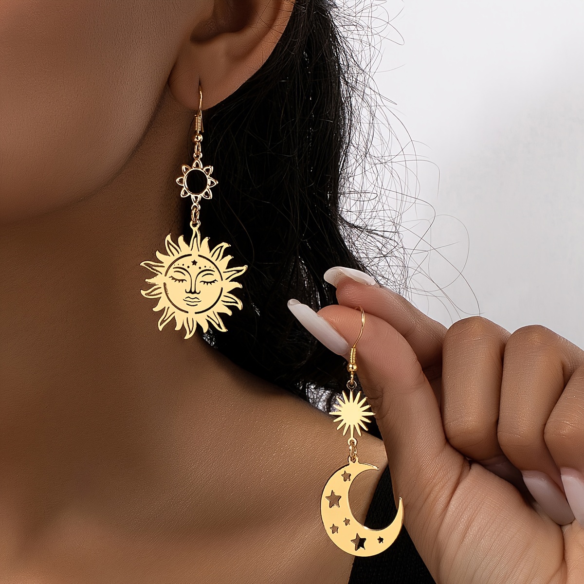 

Stylish Mismatched Dangle Earrings Trendy Moon & Sun Design Match Daily Outfits Party Accessories Perfect Ramadan Jewelry