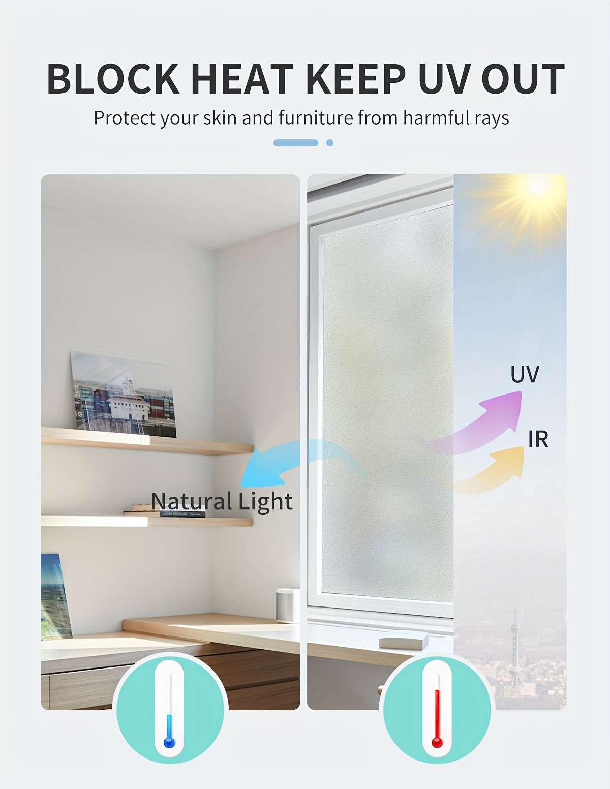   window privacy film frosted heat control uv blocking static cling no   glass sticker for home bathroom kitchen semi transparent insulating sun protection 7mil thickness details 2