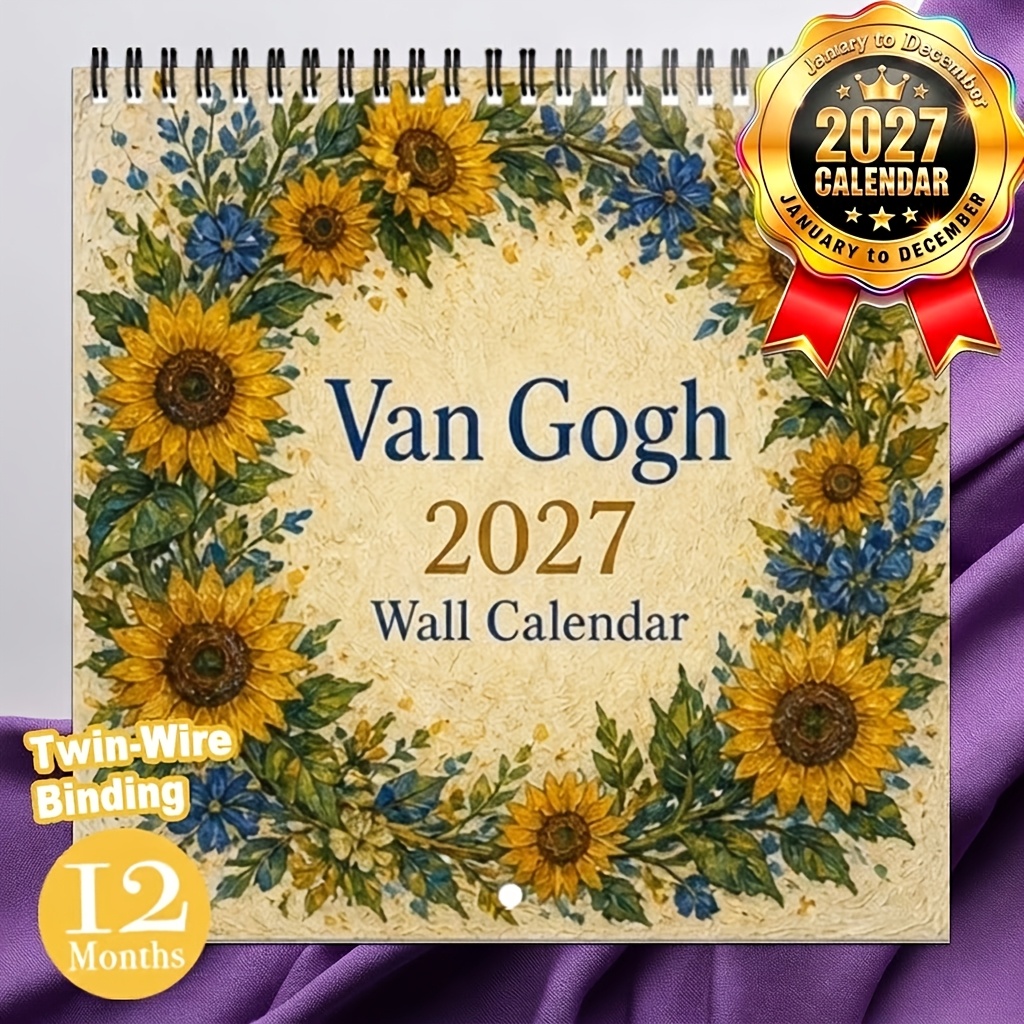 TEMU 2027 Wall Calendar, 1 Pack 2027 Van Gogh Sunflower Plant Wall Calendar, 12-month Calendar, Steel Wire Spiral Calendar, With Large Block,