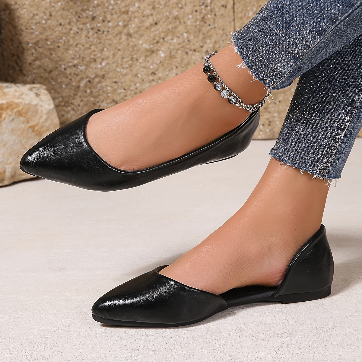 Women's Slip-On Pointed Toe Synthetic Cover Flats Solid Black Versatile  Comfortable Casual Formal Shoes with TPR Sole, Formal Footwear,
