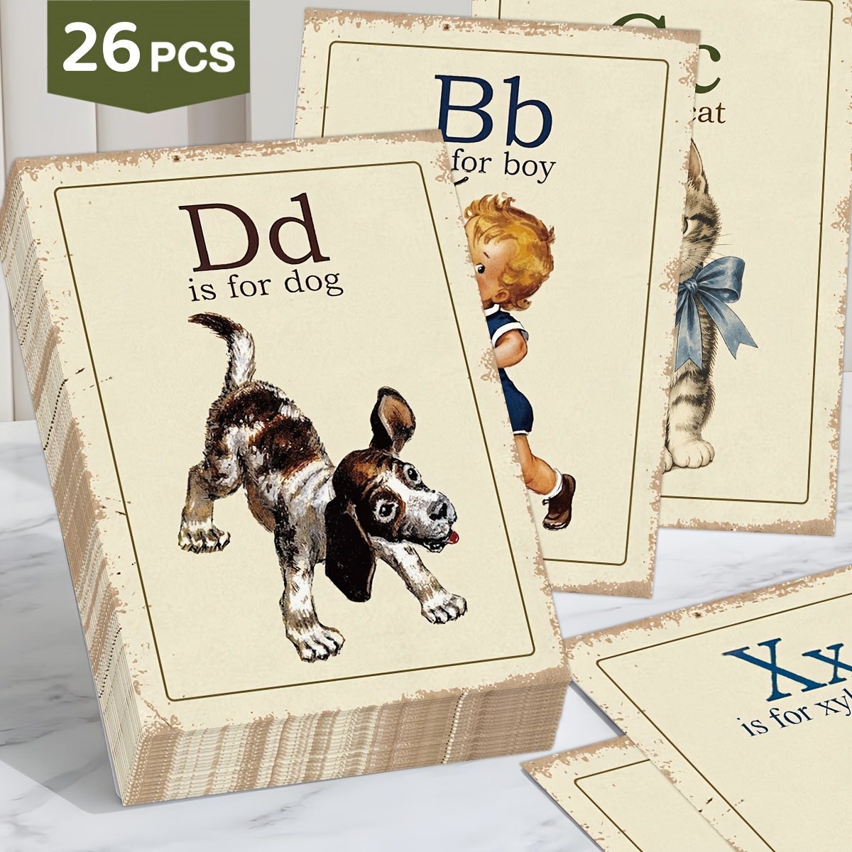 TEMU 26pcs Retro Nostalgic Abc Letter Illustration Greeting Cards, Medieval Watercolor Letter Cards, Featuring Animals, Plants, Daily Objects, And