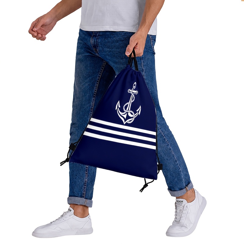 TEMU Nautical Anchor & Rope Drawstring Backpack - Soft Lightweight Suitable For Gym, Travel, Yoga Bag With Anchor Pattern & Closure, Machine Washable