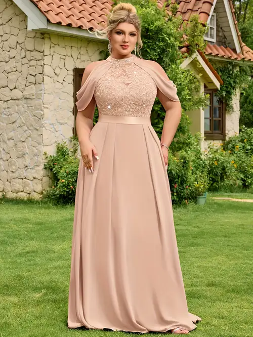 Plus Size - Plus Size - Elegant Halter Neck Sequin Floral Lace Cutout Shoulder Cape Sleeve Contrast Chiffon Pleated Hem Evening Party Dress | Fit And Flare Silhouette, Floor-Length, Suitable For Prom, ... Plus Size - Plus Size - Elegant Halter Neck Sequin Floral Lace Cutout Shoulder Cape Sleeve Contrast Chiffon Pleated Hem Evening Party Dress | Fit And Flare Silhouette, Floor-Length, Suitable For Prom, ...