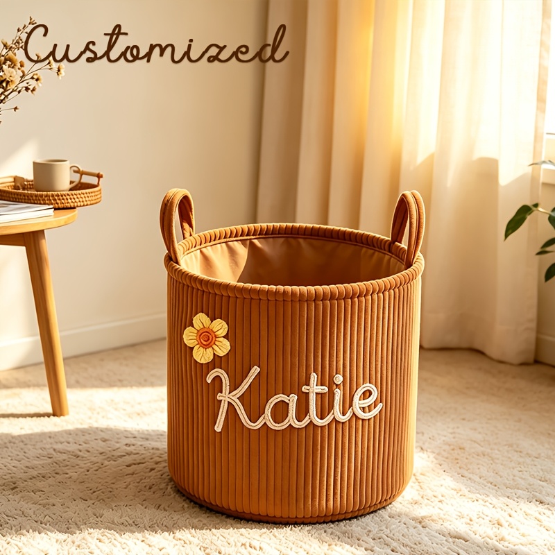 Personalized Name Corduroy Storage Basket with Carry Handle, Large Capacity