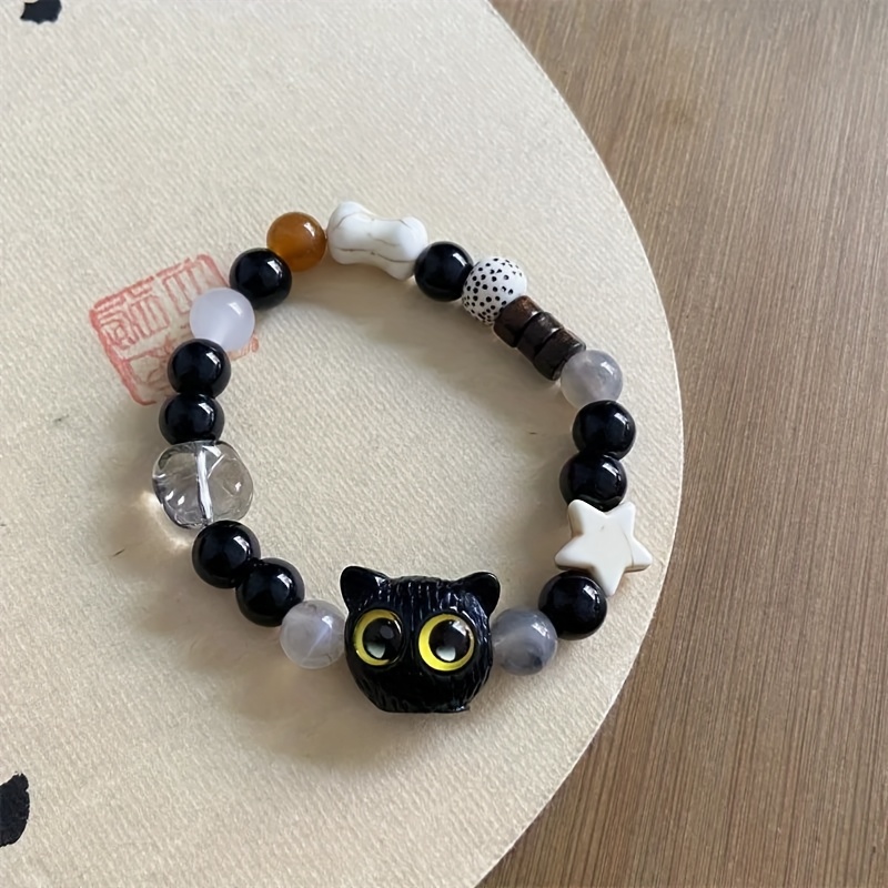 Charming Cat with Golden Star Eyes Bracelet Vintage Ceramic