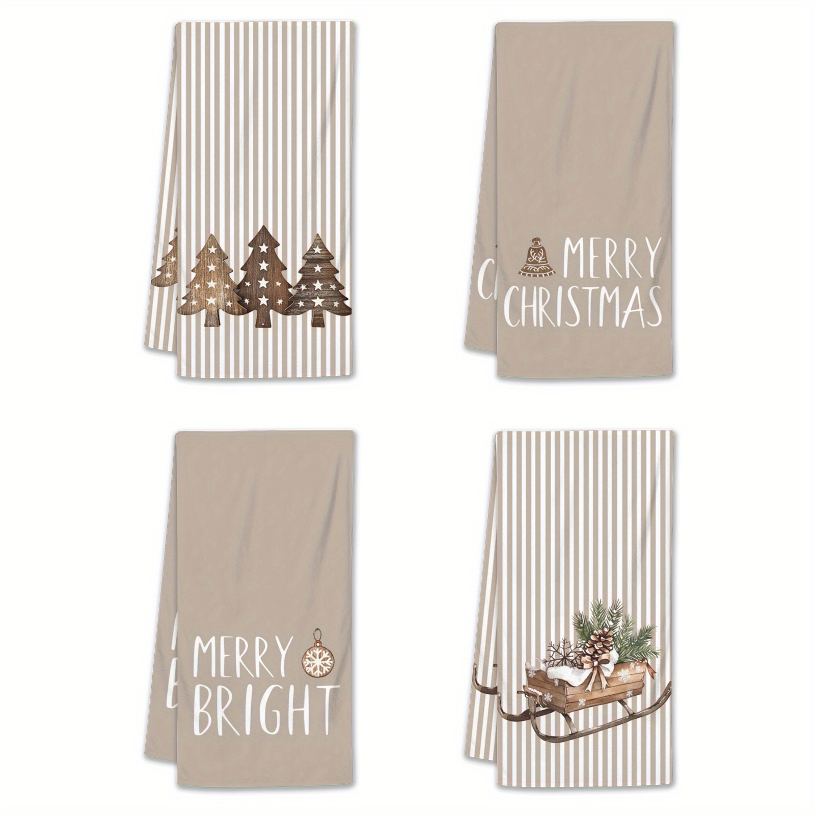 4pcs Modern Christmas Kitchen Towel Set - Dishcloths, , Branch, Leaf And Sleigh Design - Soft, Non, Hand Wash - For Kitchen, Bathroom, Hotel, Gym, Spa, New Year, Christmas Decor