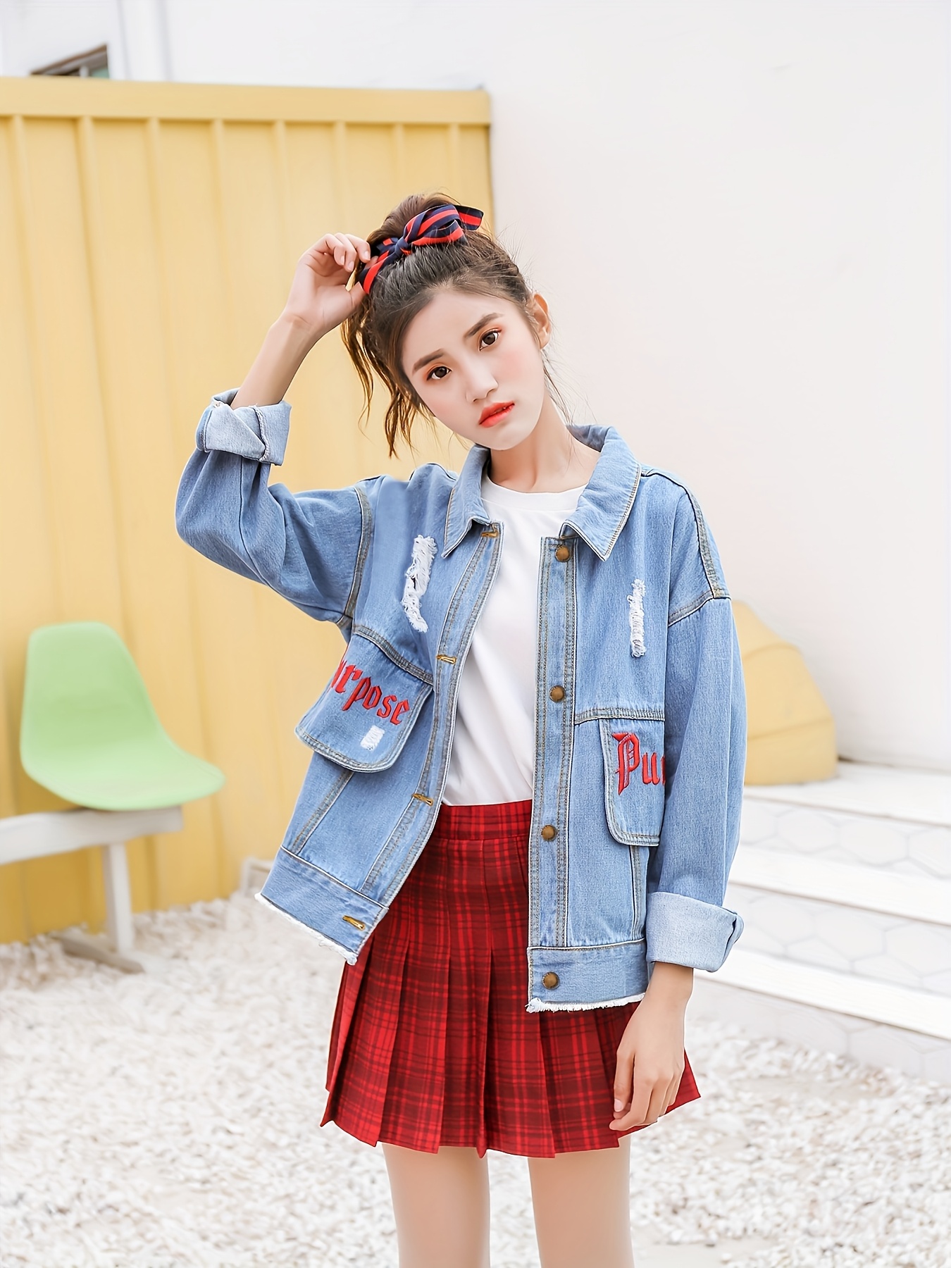 Chaqueta de Denim Streetwear para Mujer con Bordado de París Cárdigan  Corto y Abrigo con Botones para */Otoño, Estilo J