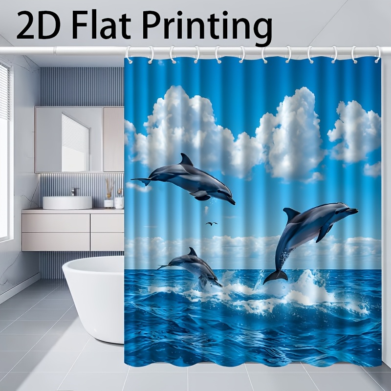 Dolphins Leaping from Ocean Pattern Shower Curtain with Hooks