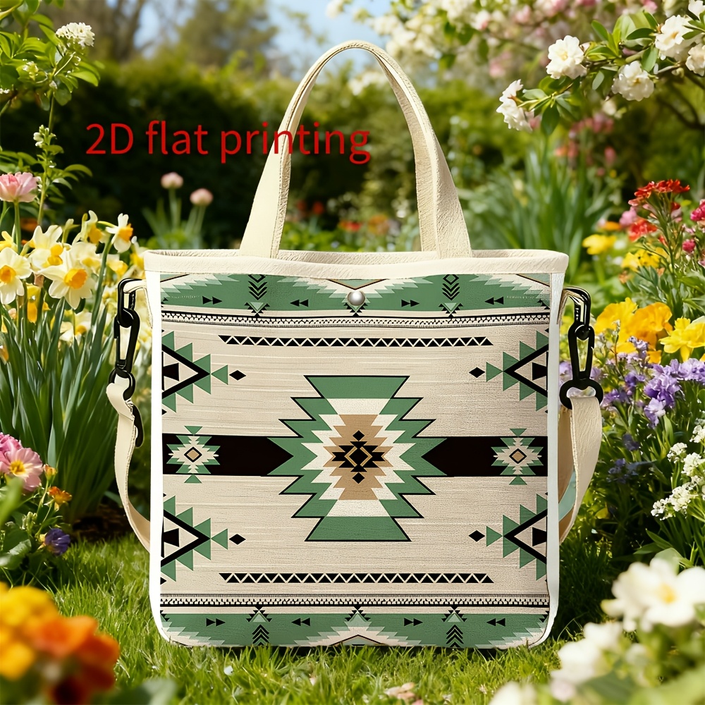TEMU Sac Bandoulière Western Homme & Unisexe avec Bandoulière Détachable - Imprimé Tribal Vert/Blanc en Toile, Idéal pour Usage , Festivals & Voyages