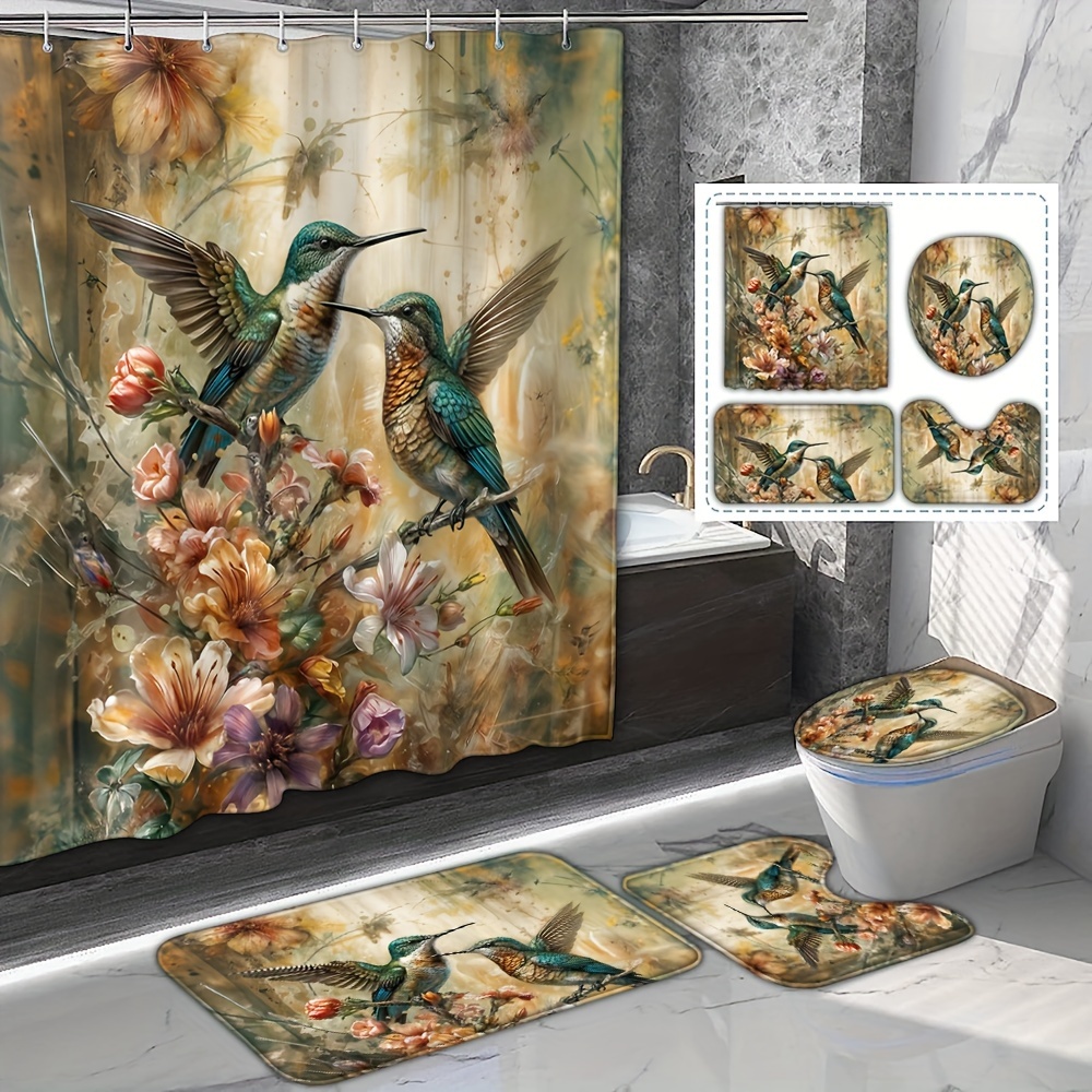 

1/4pcs Bird Floral Pattern Shower Curtain Set, Fall Autumn Bathroom Full Set Including Waterproof Shower Curtain, Non-slip Mat, Toilet Lid Pad, U-shaped Bath Mat, Decorative Bathroom Accessories