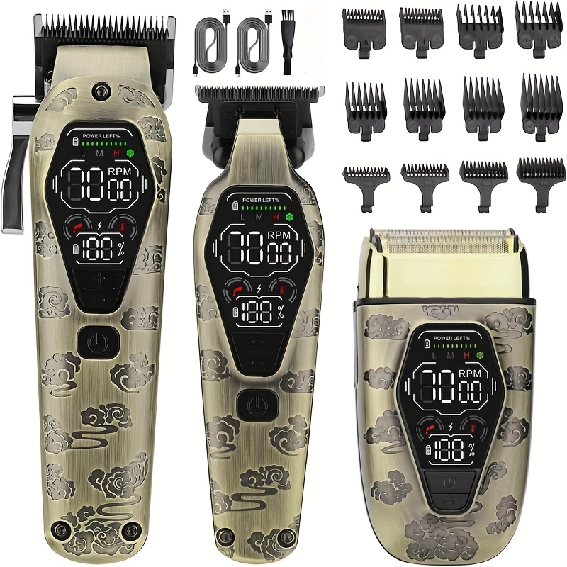 TEMU Men's Electric Hairdresser Set Professional Silent Barber Clipper Lcd Display Large Capacity Battery Shaving Pusher 7000rpm T-trimmer Double Floating Razor Full Set Of Accessories Gift Set