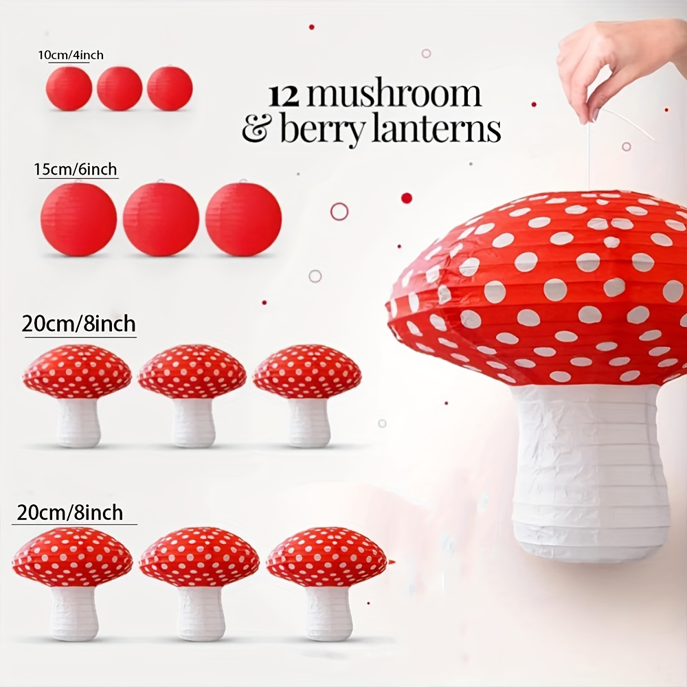 Image of 12pcs Mushroom Paper Lanterns And Berries, Large Mushroom Decorations For Decoration, Fairy Tea Party, Garden Party, And Decoration