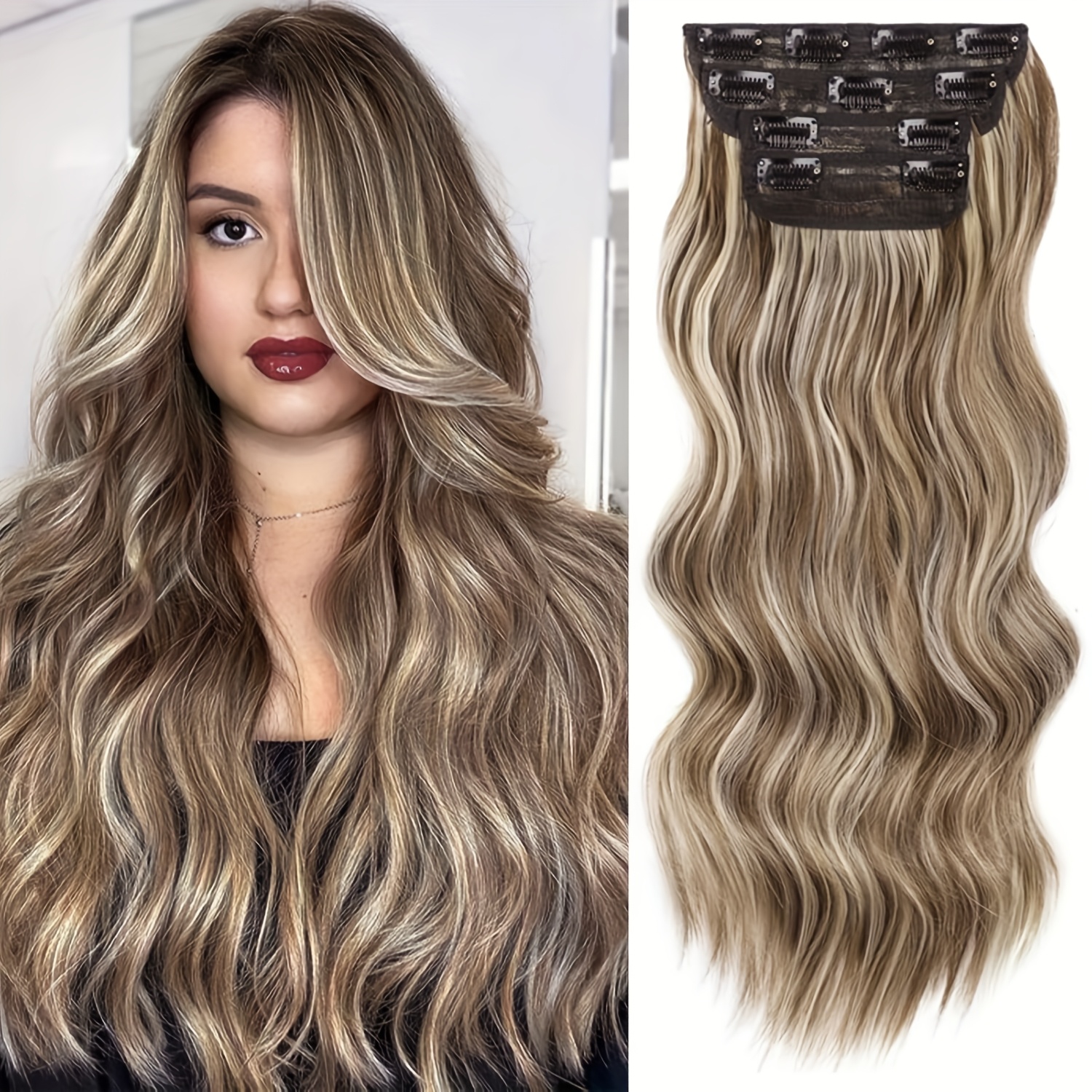 4pcs clip in hair extensions 20 inch long wavy synthetic hair chocolate brown with blonde highlights   resistant clip in extensions for women adds volume dimension   hair types   dimensional hairpieces naturallooking hairpieces   hairpieces beauty enthusiasts details 0