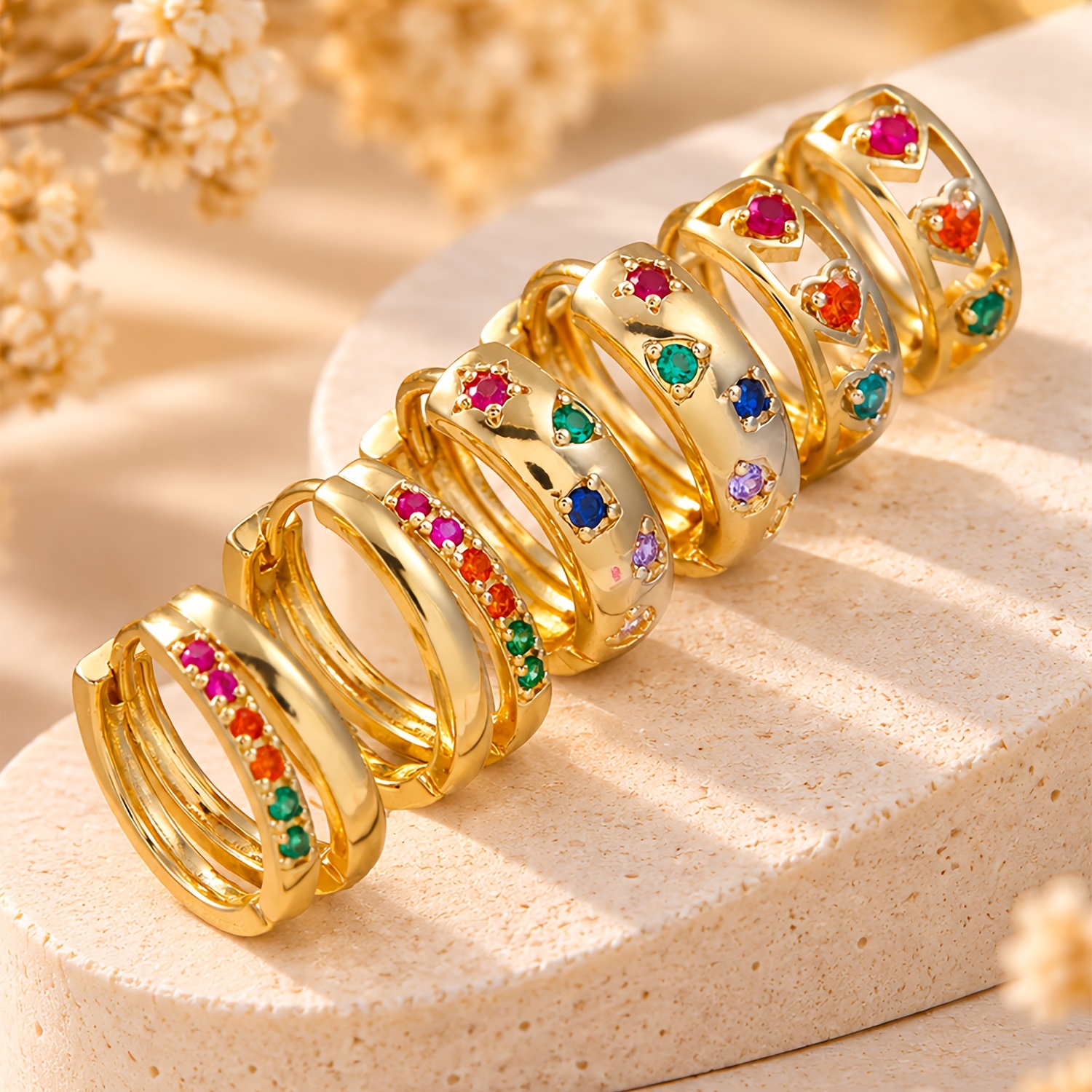 TEMU 6pcs Set: Simple Golden Hoop Earrings, Heart & Flower Stud Earrings, Retro Double-line Colorful Huggie Earrings, Suitable For Women' Wear And As