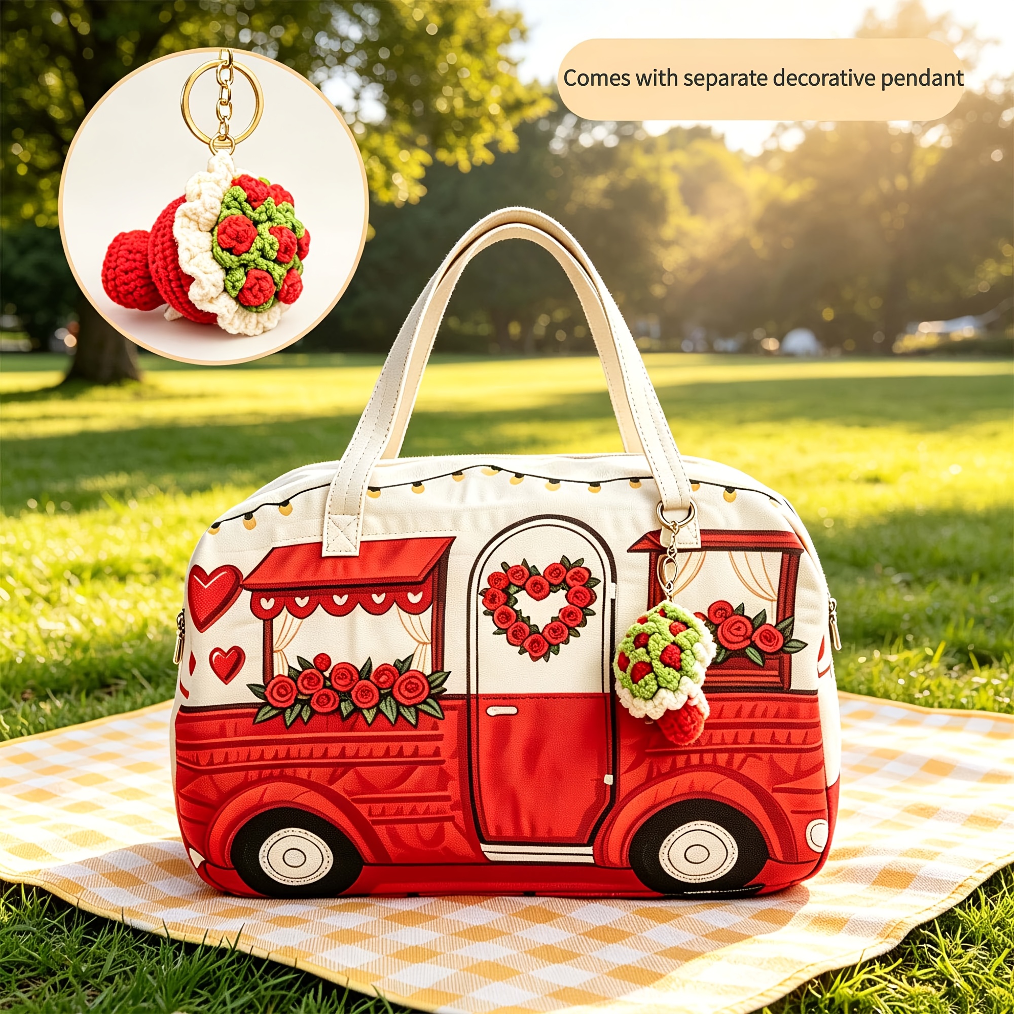 Image of Large Quilted Tote Bag With Red Rose Food Cart Pattern & Rose Pendant - Zipper Closure Handbag, Suitable For Travel,,, Daily Use - Carryall In /red