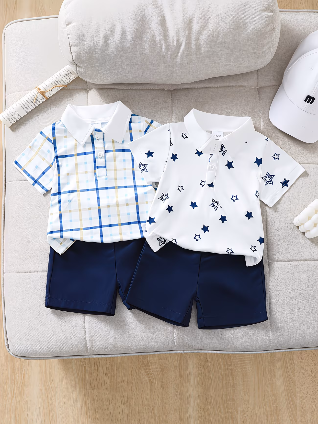 ensemble dété 6-36 mois pour enfant de style , ensemble décontracté et 4 pièces : chemise à manches courtes à ouverture semi-ouverte avec et imprimé + short uni, parfait pour lextérieur 0