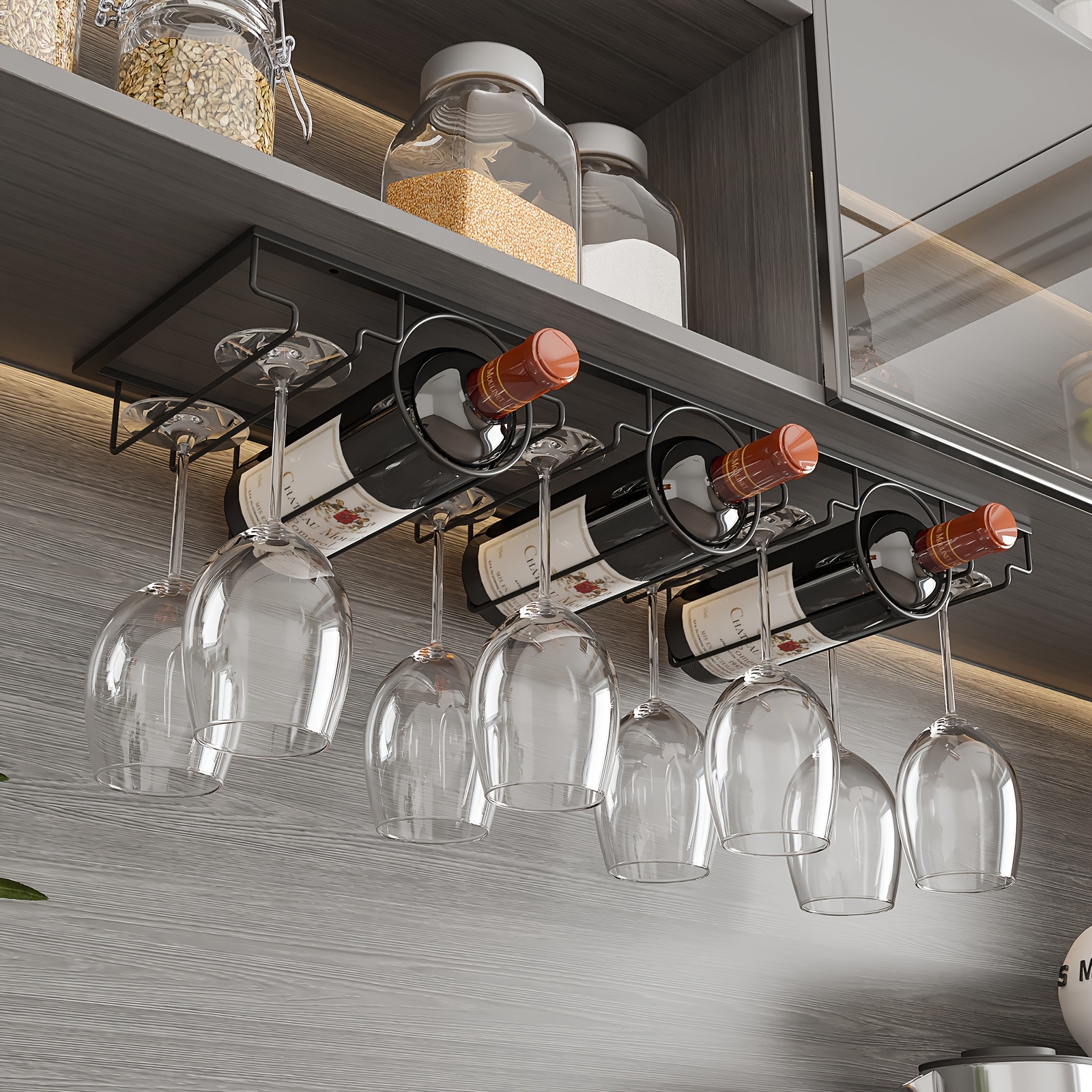 Schrank-* Gläserregal: 1-Flaschen mit *-Halter, 2-Flaschen mit *-Halter, 3-Flaschen mit *-Halter, schwarzes Metall-Gläserregal, Unterschrank-Stielglasregal, Metall-Aufbewahrungsregal * für Bar Küche,