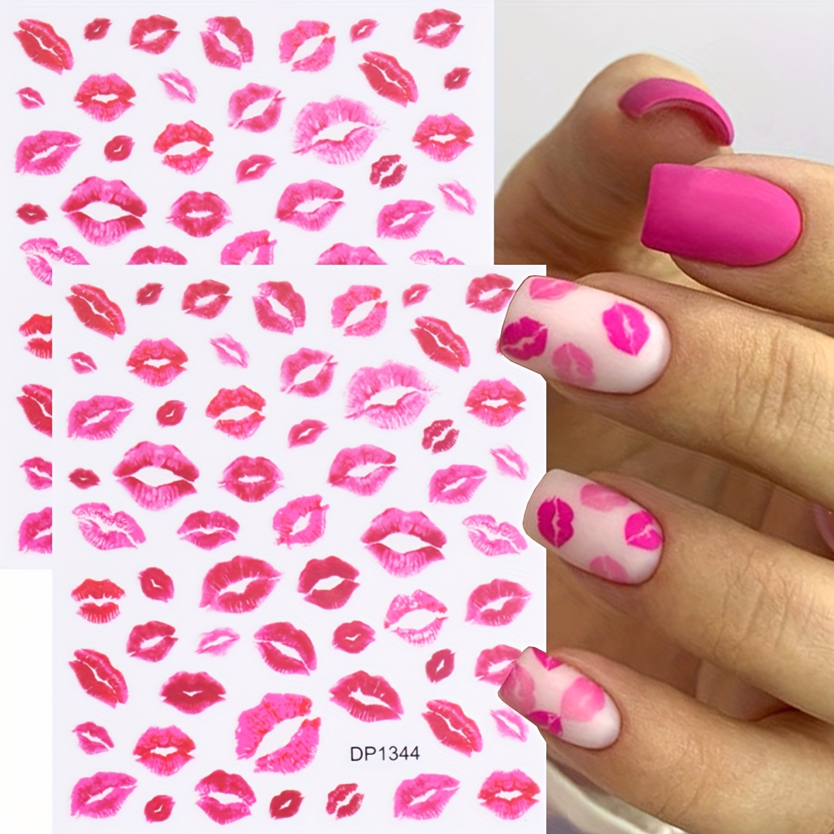 

2pcs Chic Red Lip & Nail Art Stickers - 3d And Kiss Marks, Matte , Self-adhesive Diy Manicure Decals For Fashionable Nail Decoration