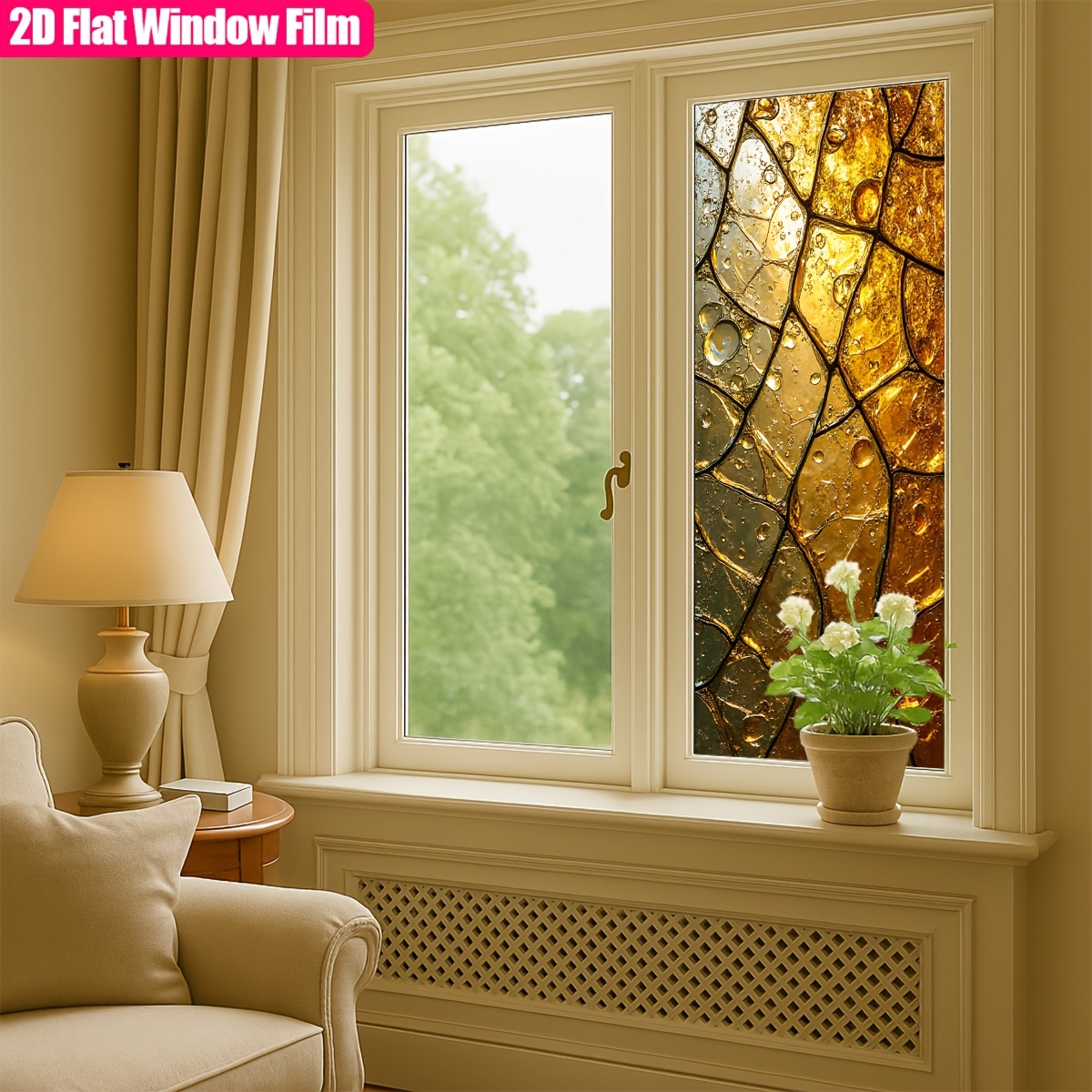 TEMU 1pc Electrostatic Adhesive Window Film - Golden Stained , Privacy Decorative Sticker, Suitable For Bathroom, Kitchen, Office, And Home Decor,