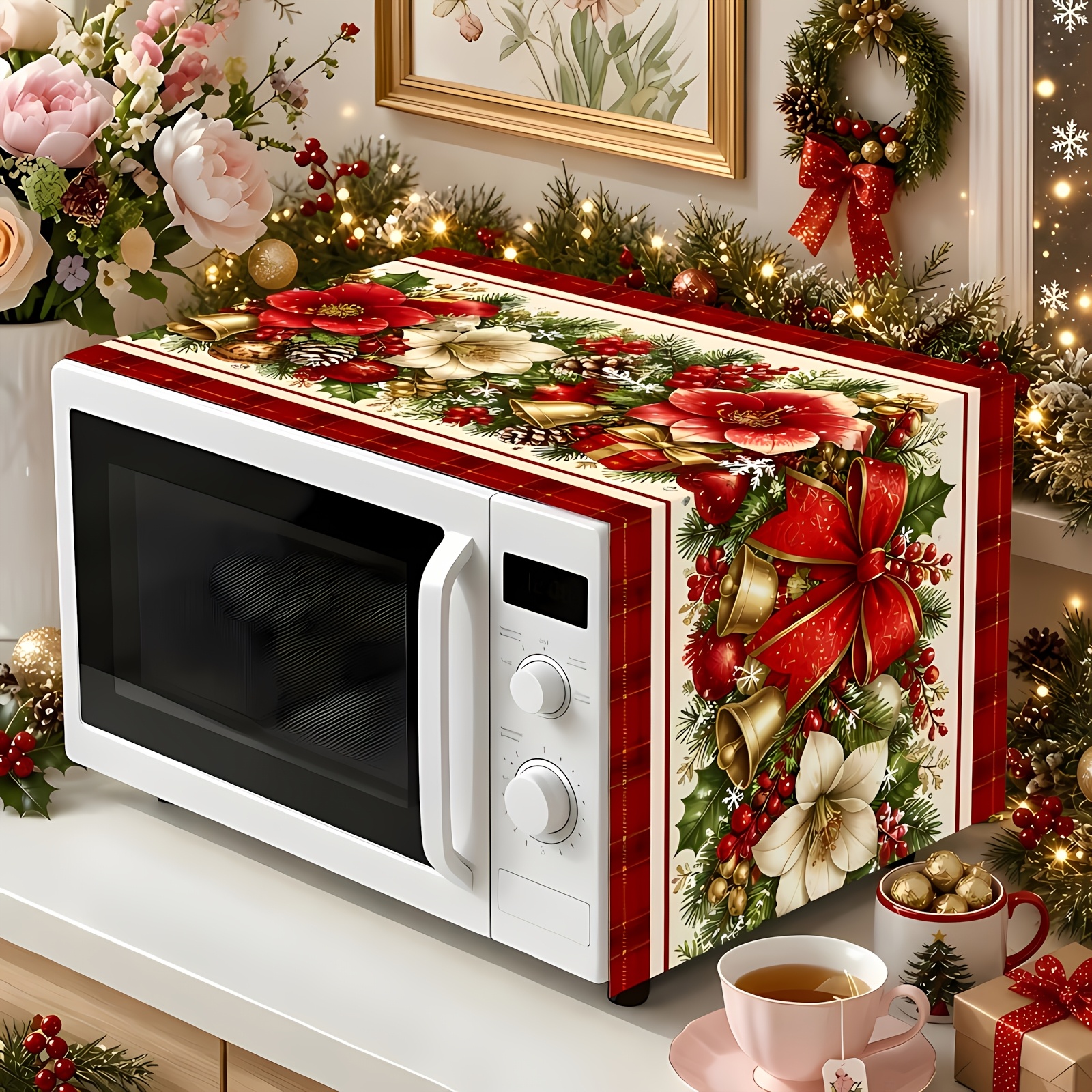 TEMU Holiday Christmas-themed Microwave Oven Replacement Cover, Featuring Red And White With Snowflake, Poinsettia, Holly Leaf, Bell, And Gift Box