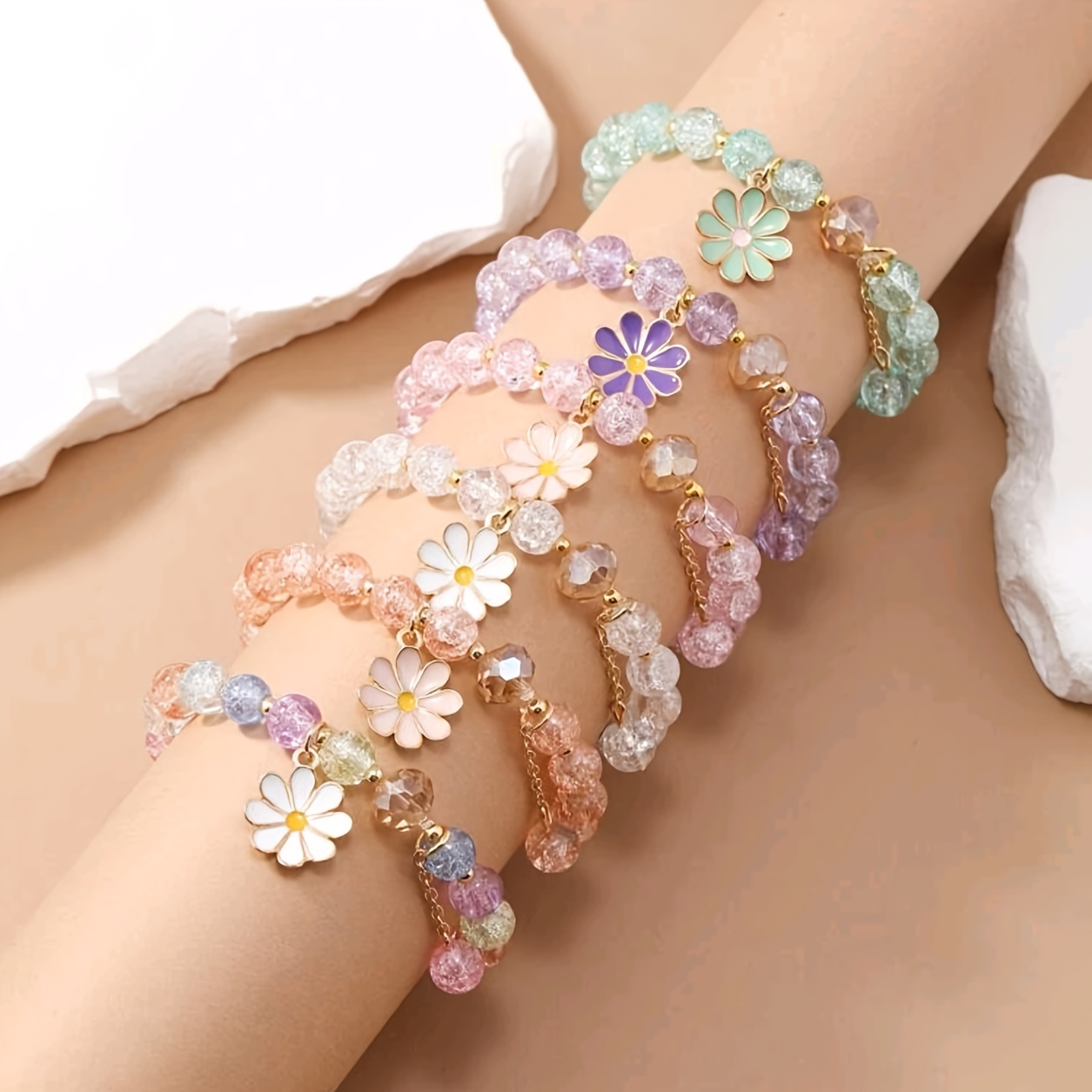 

6pcs/set Bohemian Flower Women's Bracelets, Daisy Glass Beaded Jewelry, Cute & , , No Setting, , & Gift-, Mardi Gras Accessory