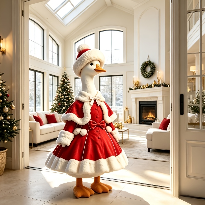 TEMU For 23-inch Goose Statue Red Furry Santa Dress & Hat - Realistic Suitable For Home Yard Decoration, Winter Lawn & Porch Costume For Goose