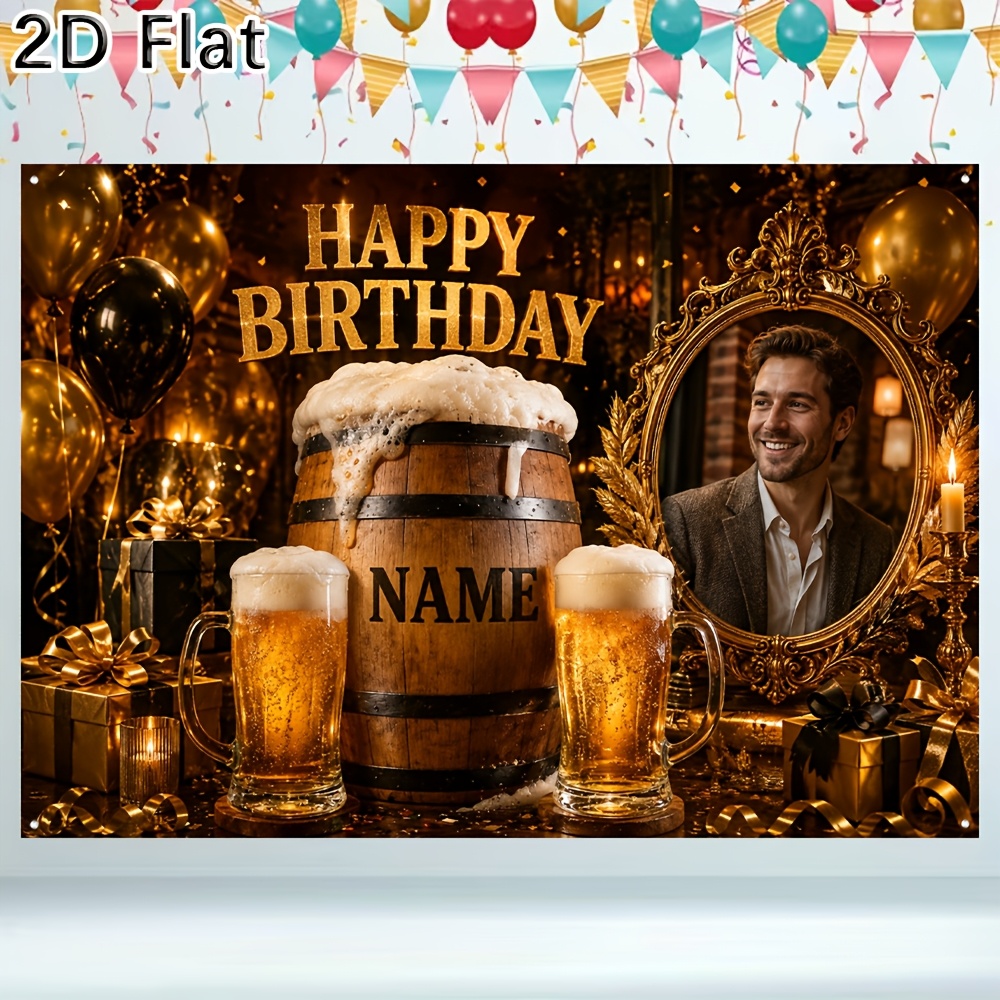 TEMU 2d Flat - 1pc 2d Flat Printing Banner Custom Photo And Name Beer Themed Happy Birthday Backdrop Banner For Men's Birthday Party Celebration And